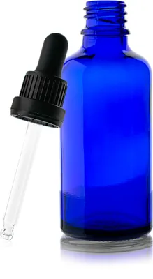 Immagine prodotto di Flacone in vetro blu da 50 ml contagocce con pipetta, filettatura 18/415