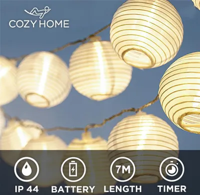 Produktbild von CozyHome LED Lampion Lichterkette Batterie | 20 LEDs 7 Meter mit Timer | Warm-weiß Lichterkette Außen Batterie - 8 Modi Einstellungen | Lampions Aussen Lichterketten batteriebetrieben auch für innen