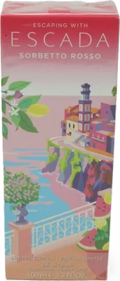 A box of Escada Sorbetto Rosso perfume with a scenic illustration of a coastal town.