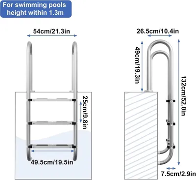 Productafbeelding van Trap voor opzetzwembaden - Geschikt voor een zwembadhoogte van 132 cm, met 3 treden - Afneembaar - RVS - Antislip treden met handrail - Draagvermogen tot 150 kg - Zilverkleurig