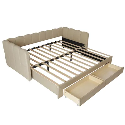 Produktbild von Flieks Polsterbett 90x190cm mit Ausziehbett, Schlafsofa Tagesbett mit Usb und Type-c, Jugendbett Daybett mit 2 Schubladen, Chenille, Beige