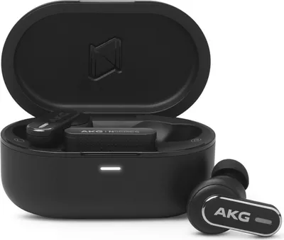 A pair of black AKG N5 in-ear headphones with their charging case.