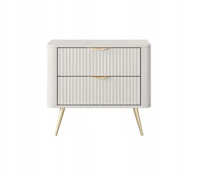 Produktbild von Nachttisch LANTE 60 cm – Beige, 2 gerillte Schubladen, goldene Beine und Griffe