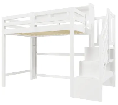 Productafbeelding van Stapelbed 90 x 200 cm van grenenhout met LED-verlichting, opbergtrap, grote opbergruimte onder het bed, open opbergvak, wit