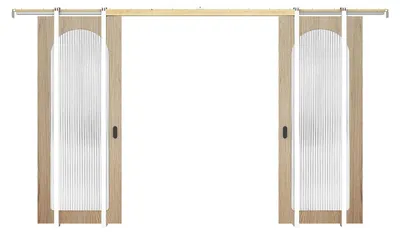 Produktbild von Doppel-Schiebetür mit Wandeinschubsystem aus Holz und MDF – heller Naturholzbogen und gerilltes Sicherheitsglas – 2 x H205 x B73 cm – ODEZA