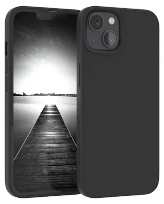 A black iPhone case is shown from a diagonal front view, with the phone screen displaying a black and white image of a pier leading into water.
