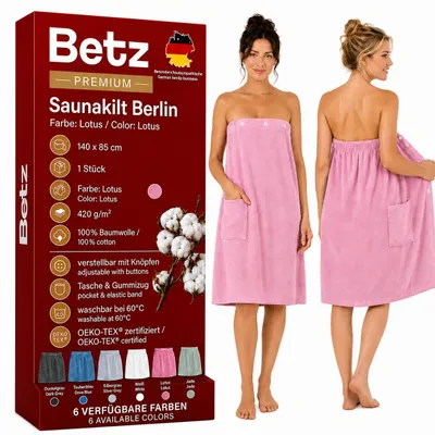 Produktbild von Betz Saunakilt Berlin – Frottee Saunakilt für Damen 100% Baumwolle, 420 g/m² – verstellbar mit Knöpfen & Gummizug – Saunahandtuch mit Tasche - Lotus