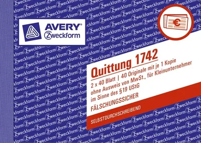 Immagine prodotto di Avery Zweckform® 1742 Ricevuta piccola impresa, 1° e 2° foglio stampato, SD, DIN A6 orizzontale, 2x40 fogli