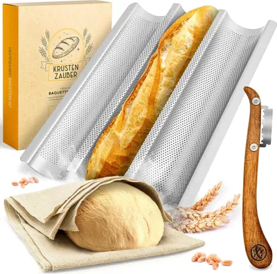 Produktbild von KRUSTENZAUBER Baguette Backform Antihaft inkl. Bäckerleinen u. Bäckermesser - 3er Baguette-Backblech - Ideal als Baguetteblech, Brotbackform