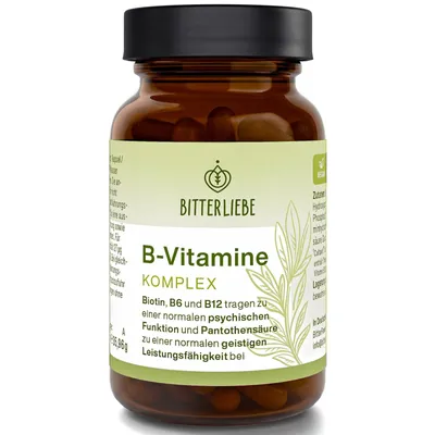 Produktbild von BitterLiebe Vitamin B Komplex - 60 Kapseln - alle 8 B-Vitamine hochdosiert & bioaktiv, mit Cultavit aus Buchweizen, 5-MTHF Folat & Methylcobalamin - vegan, 2 Monate Vorrat