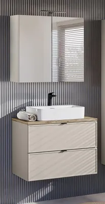 Produktbild von Badmöbel Set 2-teilig mit Waschtisch 80 cm & Spiegelschrank mit Beleuchtung in Beige & Eiche - BIBIONE-56