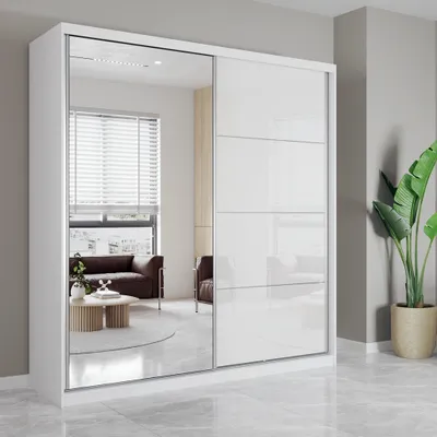 Produktbild von Schwebetürenschrank Kleiderschrank Schrank 203 cm Weiß/Weiß semigloss mit Spiegel und Zierleisten Pola 35