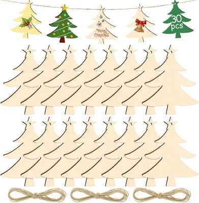 Productafbeelding van Houten kerstversieringen - Set van 30 - Doe-het-zelf houten hangers met koord