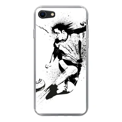 Produktbild von MuchoWow® Handyhülle Schutzhülle Hülle für iPhone SE 2020 Eine Illustration einer Person, die einen Fußball in Richtung Tor schießt - Jungen - Junge - Kind Silikon Softcase Handy Hülle - Kartenbesitzer