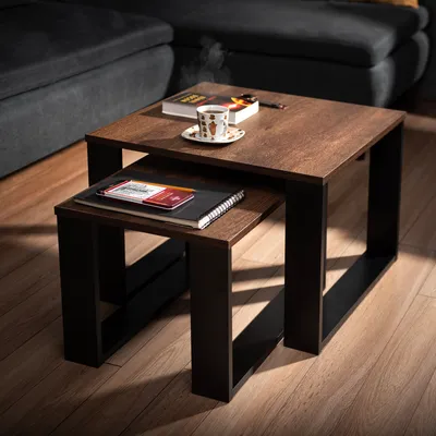 Produktbild von Lehmann Couchtisch 2er Set in 2 Größen für das Wohnzimmer, mit Holzplatte und schwarzem Gestell