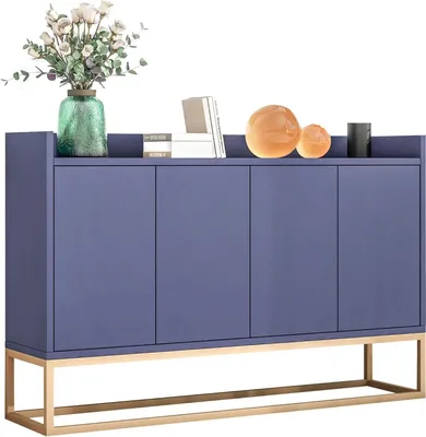 Image de Buffet minimaliste - Meuble de rangement à 4 portes - Style moderne - Sans poignées - Pour salle à manger - À monter - Bleu