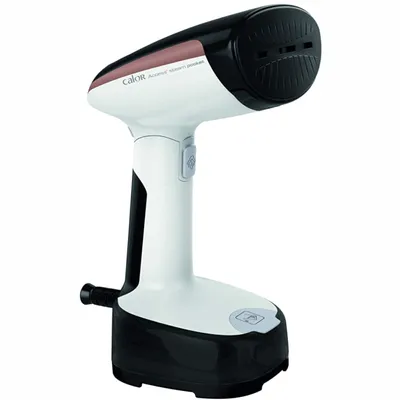 A product shot of a handheld garment steamer against a white background.