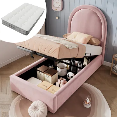 Produktbild von Polsterbett Kinderbett Einzelbett 90x200 Rosa Samt Jungen Mädchen mit Matratze