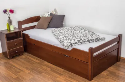Produktbild von Einzelbett / Gästebett "Easy Premium Line" K1/2h inkl. 2. Liegeplatz und 2 Abdeckblenden, 90 x 200 cm Buche Vollholz massiv dunkelbraun lackiert