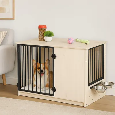 Produktbild von Hundebox für den Innenbereich, Holzoptik, 2 Näpfe, mittlere Größe