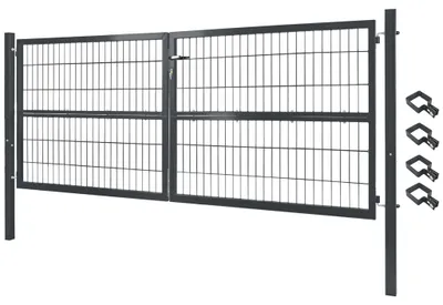 Obrázok produktu pre Záhradná brána Brána záhradný plot plot 300x120 cm dvojkrídlová kovová záhradná brána pre plot z pletiva Uzamykateľná vrátane stĺpika Sivá V2Aox