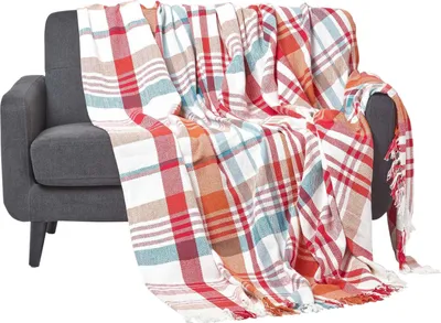 Image de HOMESCAPES Couvre-lit Falun avec motif tartan et franges, rouge, 255 x 360 cm