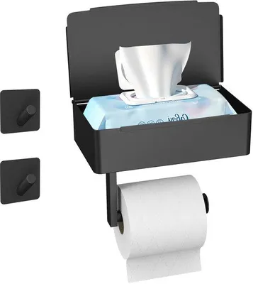 Produktbild von 3-in-1 Multifunktions Toiletrolhalter aus Edelstahl, Schwarz, Selbstklebend, mit Dose für feuchte Tücher, für Toilette/Badkammer