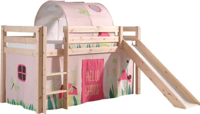 Produktbild von Vipack Spielbett Pino inkl. Rutsche, Liegefläche 90x200 cm mit Textilset Vorhang und Tunnel "Spring"