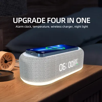 Image de Chargeur multifonctionnel sans fil 15W 4-en-1 Wireless Charging Dock avec horloge Température Lampe d'ambiance Réveil pour chambre à coucher Maison Lampe de table Décoration