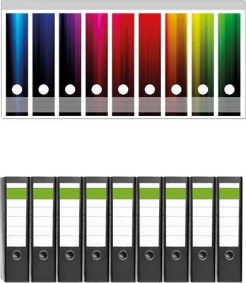 Produktbild von Wallario 9 Stück breite Ordner inkl. Klebeetiketten mit Motive Bunte Regenbogenstreifen auf Schwarz -  Set mit Rückenschildern / Ordnerrücken Stickern