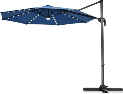 Produktbild von GOPLUS 3M Ampelschirm mit LED Beleuchtung, Sonnenschirm mit Kreuzständer, 6-stufiger Schirmwinkel, 360°drehbare Stützstange, mit Schirmabdeckung, für Balkon Garten Terrasse