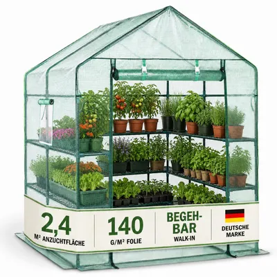 Produktbild von TOM Folien Gewächshaus | 2,4 m² | 140g/m² | Gitterschutzfolie | Wasserfest | UV-Beständig | integrierte Gitterablagen | Erdanker