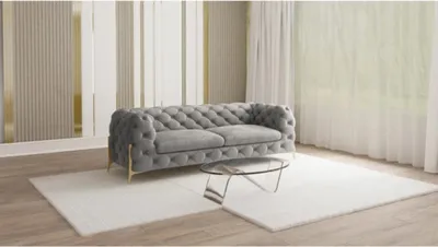 Produktbild von S-STYLE MÖBEL - Chesterfield Sofa 3-Sitzer Nova mit Goldene Metall Füßen aus Grau Samtstoff, B/T/H: 225 cm/ 100 cm/ 75 cm