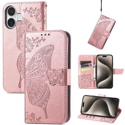 Image de Étui pour iPhone 16 d'Apple en similicuir, motif papillon, rose