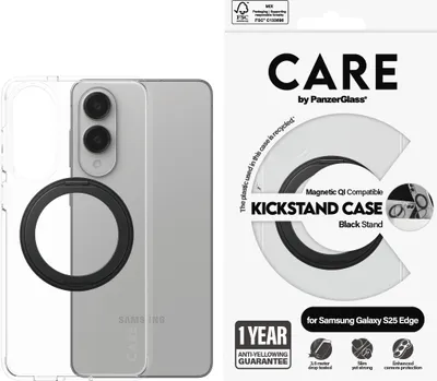 Immagine prodotto di Etui Care By Panzerglass con caratteristica Kickstand nera e Qi Na Samsung Galaxy S25 Edge - Przezroczyste