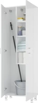 A tall, white storage cabinet with its doors open, revealing cleaning supplies and a mop.