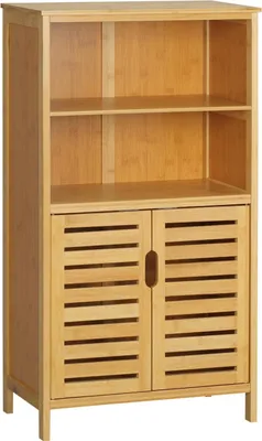 Produktbild von Badezimmerschrank Aus Bambus Unterschrank Mit Lamellentüren, Kippschutz, Landhausstil, Mehrzweckschrank