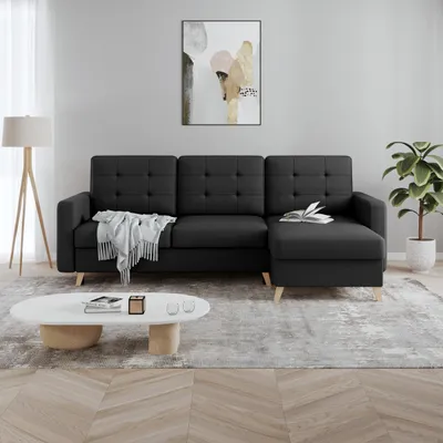 Produktbild von Ecksofa VINCI mit Schlaffunktion und Bettkasten, Schwarz Velo 637, Uniwersalle Ottomane