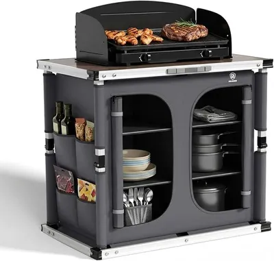 Image de Cuisine de camping pliable pour l'extérieur, avec protection contre le vent, armoire de camping pliante, auvent avec structure en aluminium et sac de transport, étagère de camping, meubles de camping, boîte de cuisine