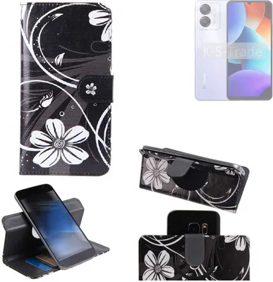 Produktbild von K-S-Trade Schutzhülle Handyhülle kompatibel mit Blackview Color 8 Hülle 360° Wallet Case “Flowers“ Klapphülle Hülle schwarz-weiß 1x