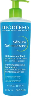 Zdjęcie produktu dla Bioderma Sébium, Żel oczyszczający, Skóra tłusta, Buteleczka z pompką, AQUA/WATER/EAU, SODIUM COCOAMPHOACETATE, SODIUM LAURETH SULFATE, METHYLPROPANEDIOL, DISODIUM EDTA,..., 500 ml, 1 szt.