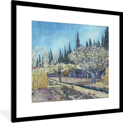 Produktbild von MuchoWow® Gerahmtes Poster Obstgarten vor Zypressen - Vincent van Gogh 40x40 cm - Poster mit Schwarzem Bilderrahmen Wandposter Rahmen Foto Bilder - Poster - Plakat im Rahmen