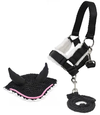 Productafbeelding van Set bestaande uit een zwart hoofdstel met muts, een zwarte longeerlijn en een roze en zwarte cap voor een hobbyhorse