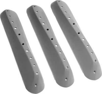 Three gray drum lifters for a washing machine are arranged diagonally on a white background.