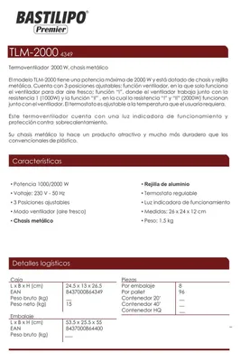 Productafbeelding van Bastilipo TLM-2000, Elektrische keramische verwarming met ventilator, Voor binnen gebruik, Vloermodel, Wit, Metaal, Draaibaar