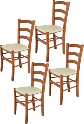 Obrázok produktu pre t m c s Tommychairs - Sada 4 stoličiek VENICE do kuchyne a jedálne, robustná konštrukcia z lakovaného bukového dreva vo farbe čerešňa a čalúnený sedák potiahnutý kožou ART LEATHER vo farbe slonová kosť