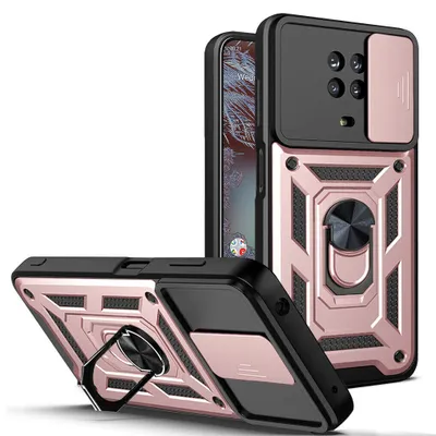 Two views of a rose gold and black smartphone case with a slide camera cover and a ring holder, presented against a white background.