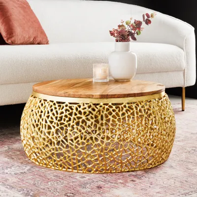 Produktbild von riess-ambiente Runder Couchtisch ABSTRACT LEAF 75cm gold Metall Akazienholz filigrane Beistelltisch Tisch