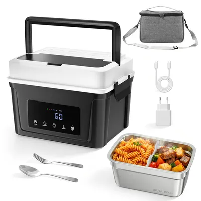 Elektrische Lunchbox 1,5 l, kabellos beheizt, Edelstahl, mit Tasche