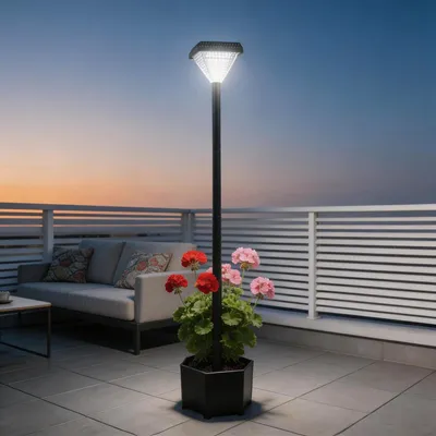 Solarlaterne mit Blumentopf 138 cm, 2-in-1, warmweiß, wetterfest